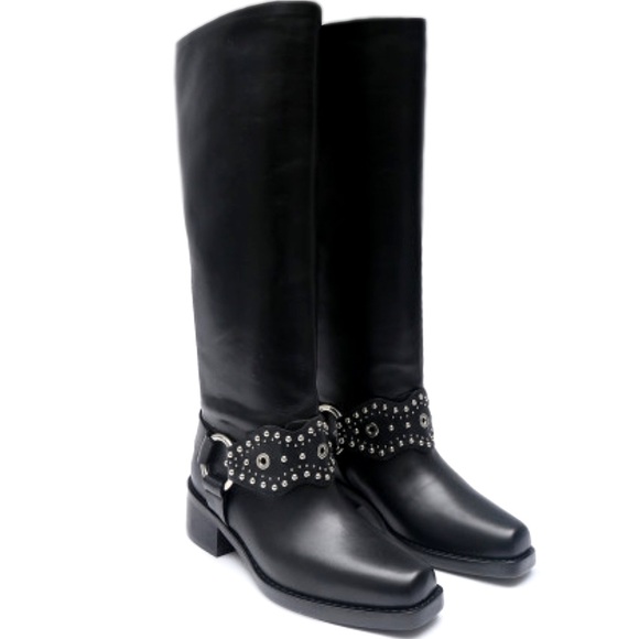 Red Valentino Vero Cuoio Black Leather Under-Knee Biker Boots - Picture 2 of 10